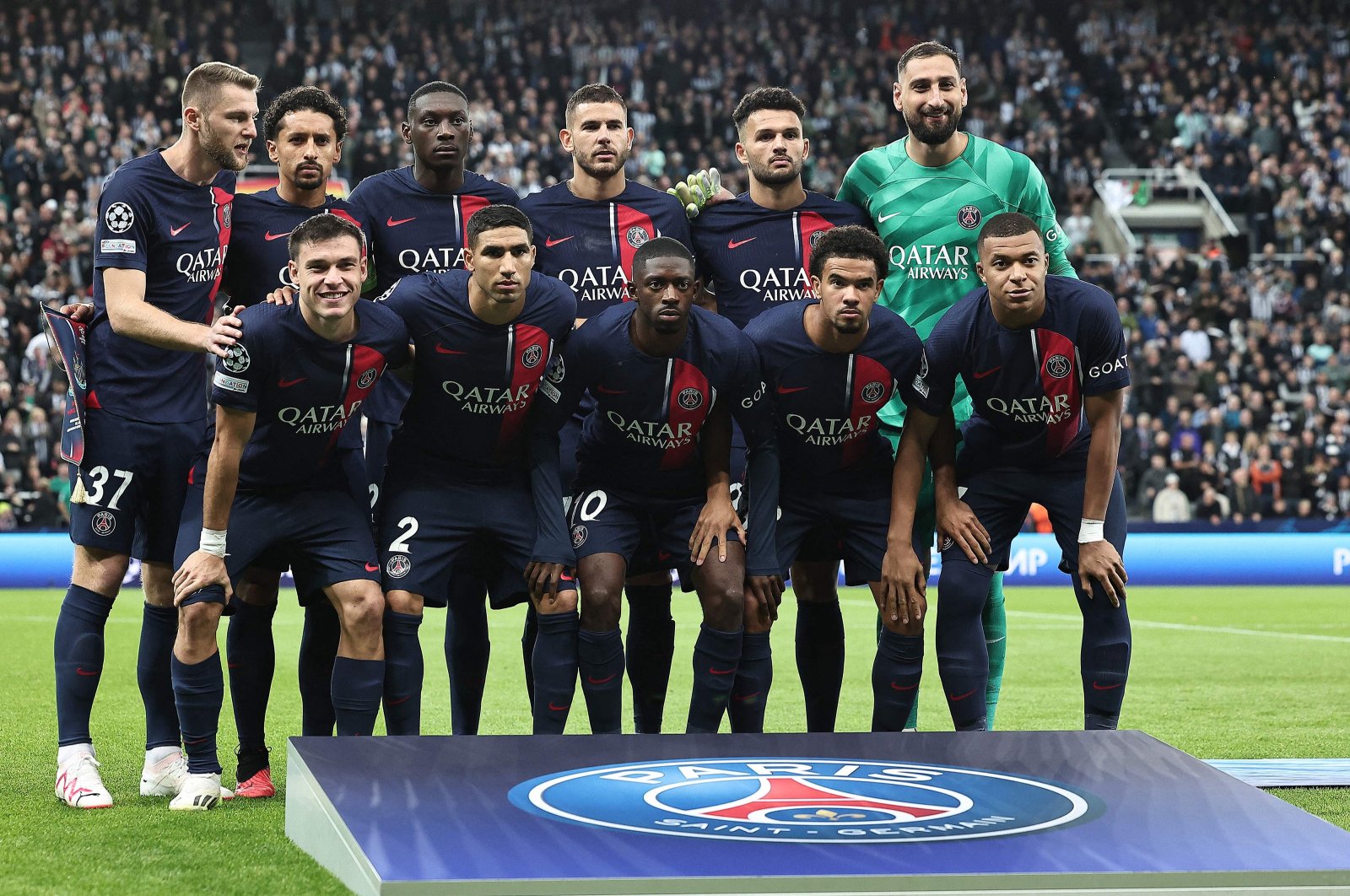 Paris Saint-Germain players pose for a team photo ahead of the UEFA Champions League Group F football match between Newcastle United and Paris Saint-Germain at St James&#039; Park, Newcastle-upon-Tyne, U.K., Oct. 4, 2023. (AFP Photo)