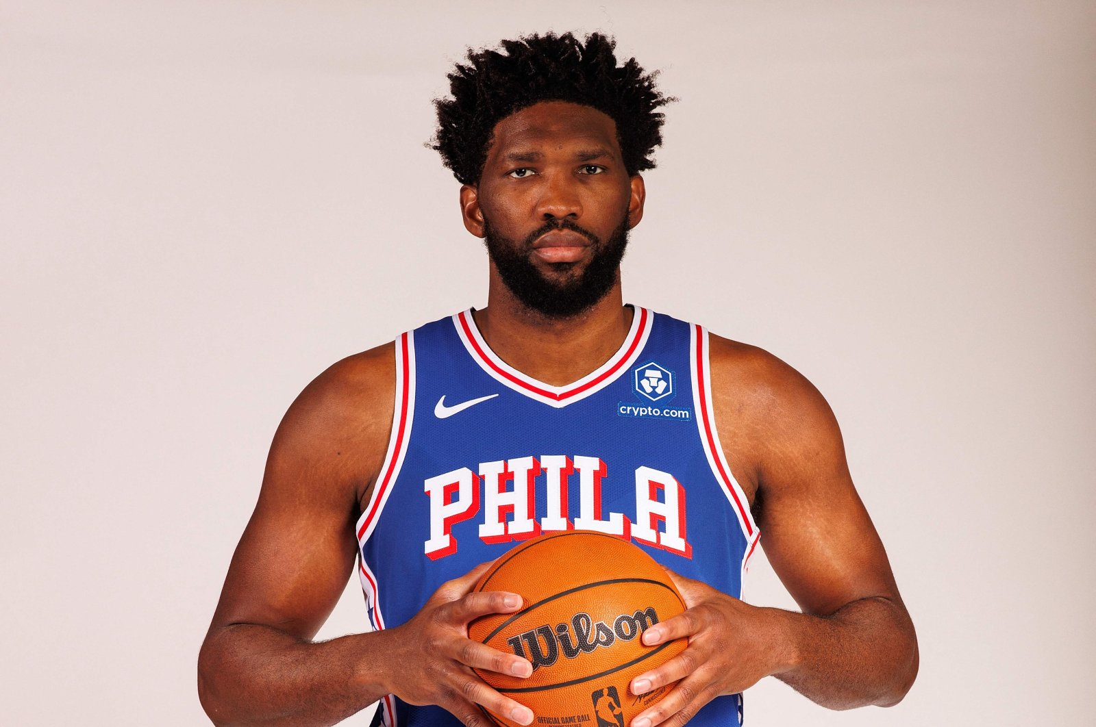 Philadelphia 76ers&#039;s Joel Embiid poses for a portrait during Philadelphia 76ers media day at 76ers Training Complex, New Jersey, US., Oct.2, 2023. (AFP Photo)
