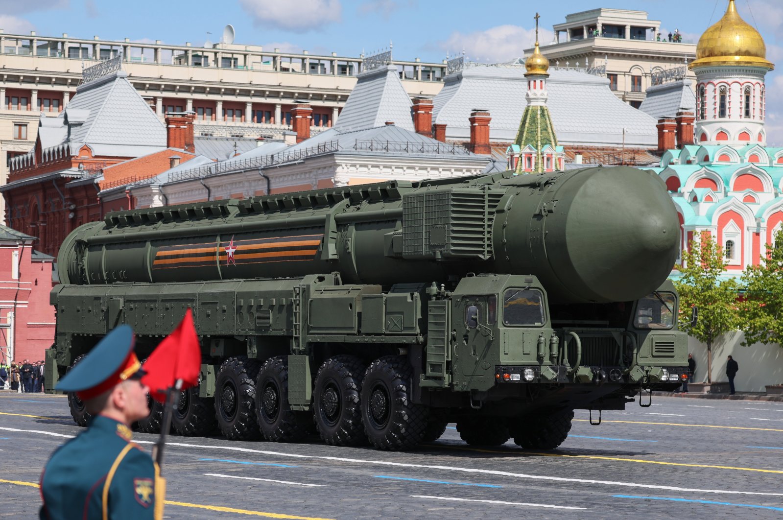 A Russian army RS-24 Yars nuclear-capable ballistic missile makes its way through the Red Square during the Victory Day military parade, Moscow, Russia, May 9, 2023. (AP Photo)