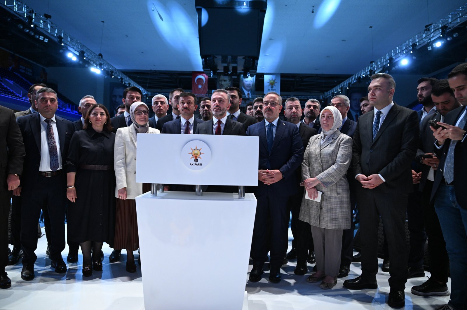 AK Party officials hold a news conference at Ankara Sports Hall where the congress will be held, in the capital Ankara, Türkiye, Oct. 6, 2023. (AA Photo)