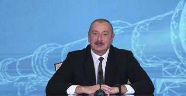 Azerbaijani President Ilham Aliyev speaks at the inauguration ceremony for a natural gas pipeline from Nakhchivan to Iğdır province in the capital Ankara, Türkiye, Sept. 25, 2023. (AA Photo)
