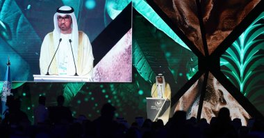 President of the upcoming COP28 Sultan al-Jaber addresses the opening session of the Middle East and North Africa (MENA) Climate Week, a U.N.-organized conference hosted in the capital Riyadh, Saudi Arabia, Oct. 8, 2023. (AFP Photo)