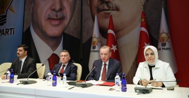 President Recep Tayyip Erdoğan (L-3) presides over his governing Justice and Development Party's (AK Party) Central Decision and Executive Board (MKYK) meeting in Ankara, Türkiye, Oct. 7, 2023. (AA Photo)