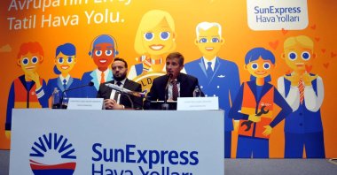SunExpress CEO Max Kownatzki (R) speaks alongside SunExpress Deputy General Manager Tuncay Eminoğlu during a meeting with journalists in Antalya, southern Türkiye, Sept. 6, 2023. (DHA Photo)