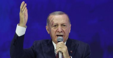 Turkish President and the leader of the Justice and Development Party (AK Party) Recep Tayyip Erdoğan speaks at a program in Ankara, Türkiye, Oct. 7, 2023. (AFP Photo)