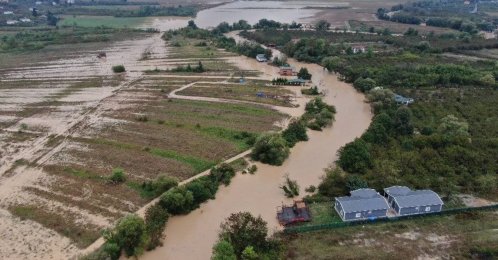 An aerial view of submerged agricultural lands due to overflow of Yeşilçay Stream in Istanbul's Şile district, Türkiye, Oct. 2, 2023. (IHA Photo)