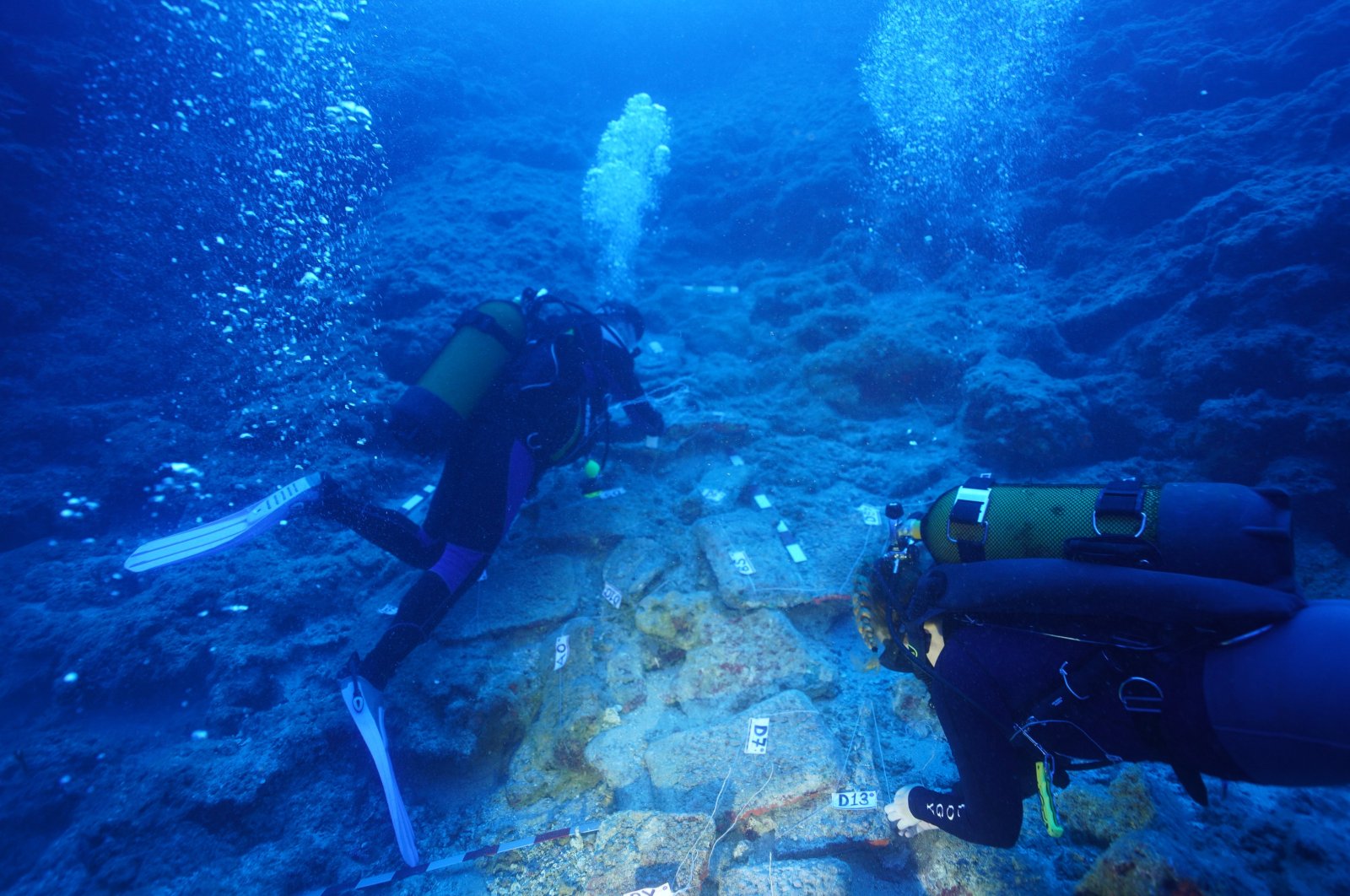 Divers are photographed along Kumluca Middle Bronze Age shipwreck, dubbed as one of the &quot;oldest known shipwrecks,&quot; Antalya, southern Türkiye, Oct. 6, 2023. (AA Photo)