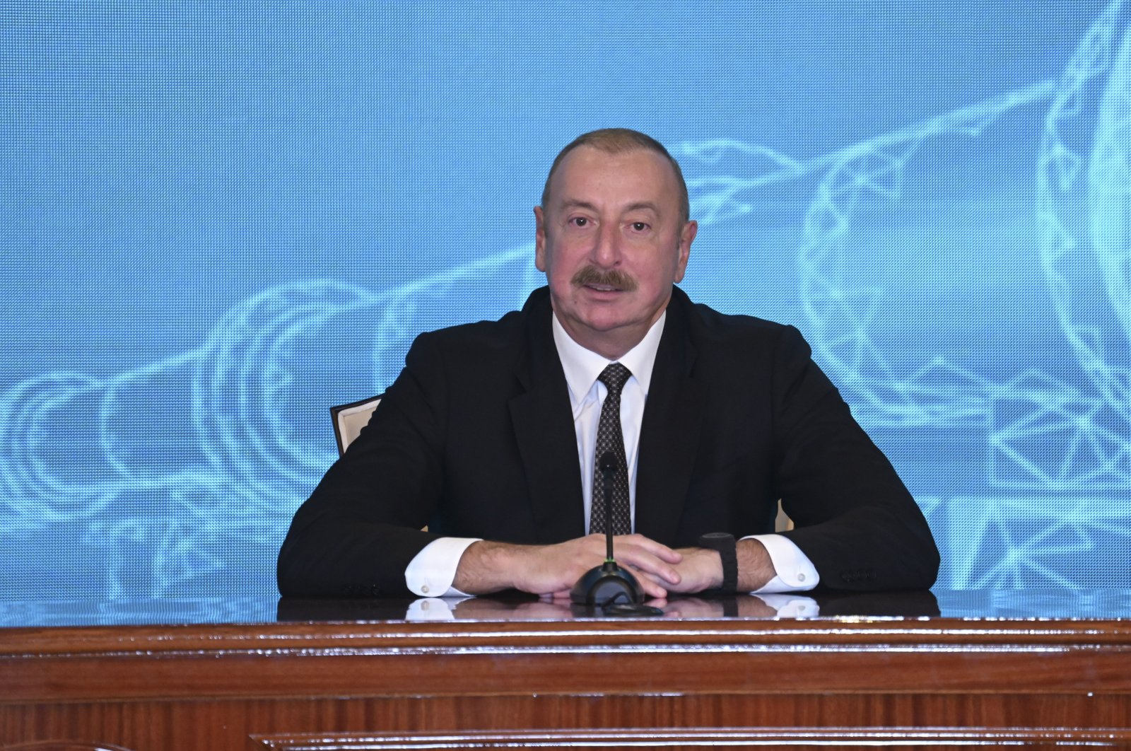 Azerbaijani President Ilham Aliyev speaks at the inauguration ceremony for a natural gas pipeline from Nakhchivan to Iğdır province in the capital Ankara, Türkiye, Sept. 25, 2023. (AA Photo)