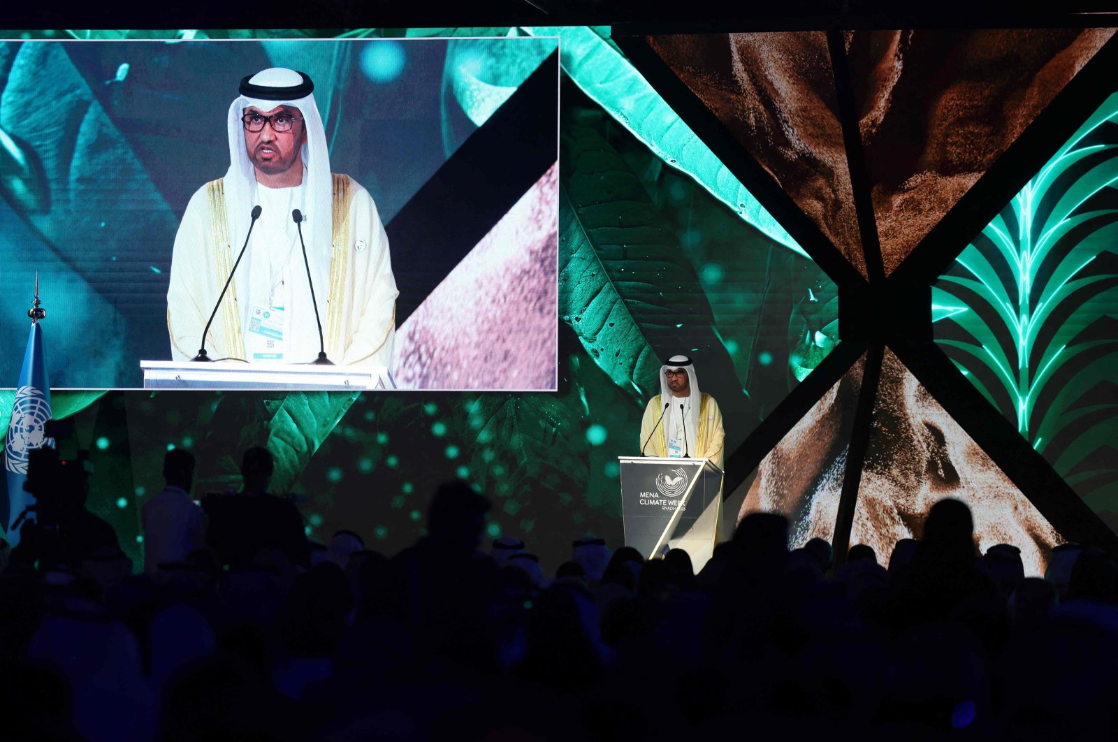 President of the upcoming COP28 Sultan al-Jaber addresses the opening session of the Middle East and North Africa (MENA) Climate Week, a U.N.-organized conference hosted in the capital Riyadh, Saudi Arabia, Oct. 8, 2023. (AFP Photo)