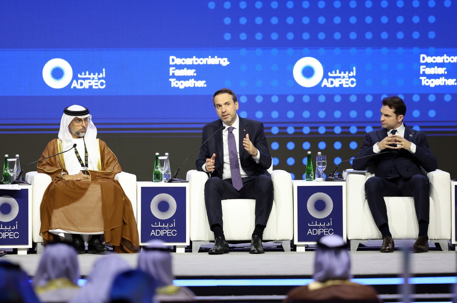 Energy and Natural Resources Minister Alparslan Bayraktar (C) attends a ministerial session during the opening ceremony of the Abu Dhabi International Petroleum Exhibition and Conference (ADIPEC) in Abu Dhabi, United Arab Emirates, Oct. 2, 2023.