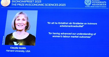 The winner of the 2023 Nobel Prize in Economic Sciences in memory of Alfred Nobel American economist Claudia Goldin is seen on a display at the Royal Swedish Academy of Sciences, Stockholm, Sweden, Oct. 9, 2023. (AFP Photo)