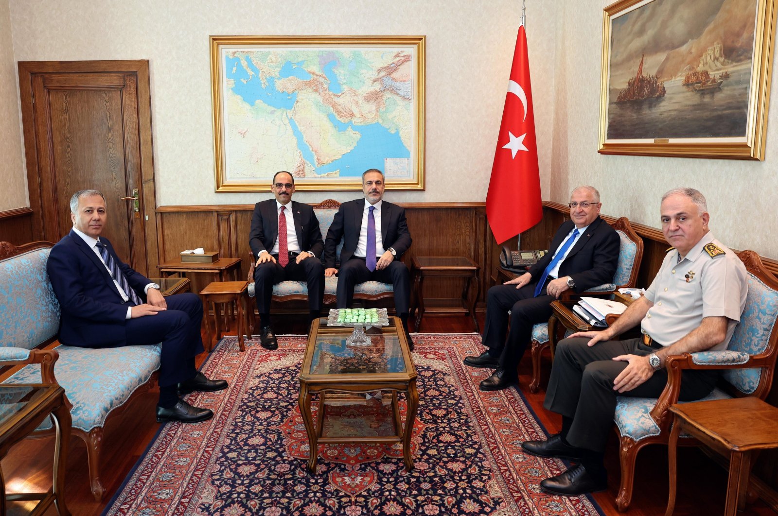 Defense Minister Yaşar Güler, Interior Minister Ali Yerlikaya, MIT chief Ibrahim Kalın and Chief of Staff Gen. Metin Gürak attend a meeting at Defense Ministry headquarters in Ankara, Türkiye, Oct. 4, 2023. (AA Photo)