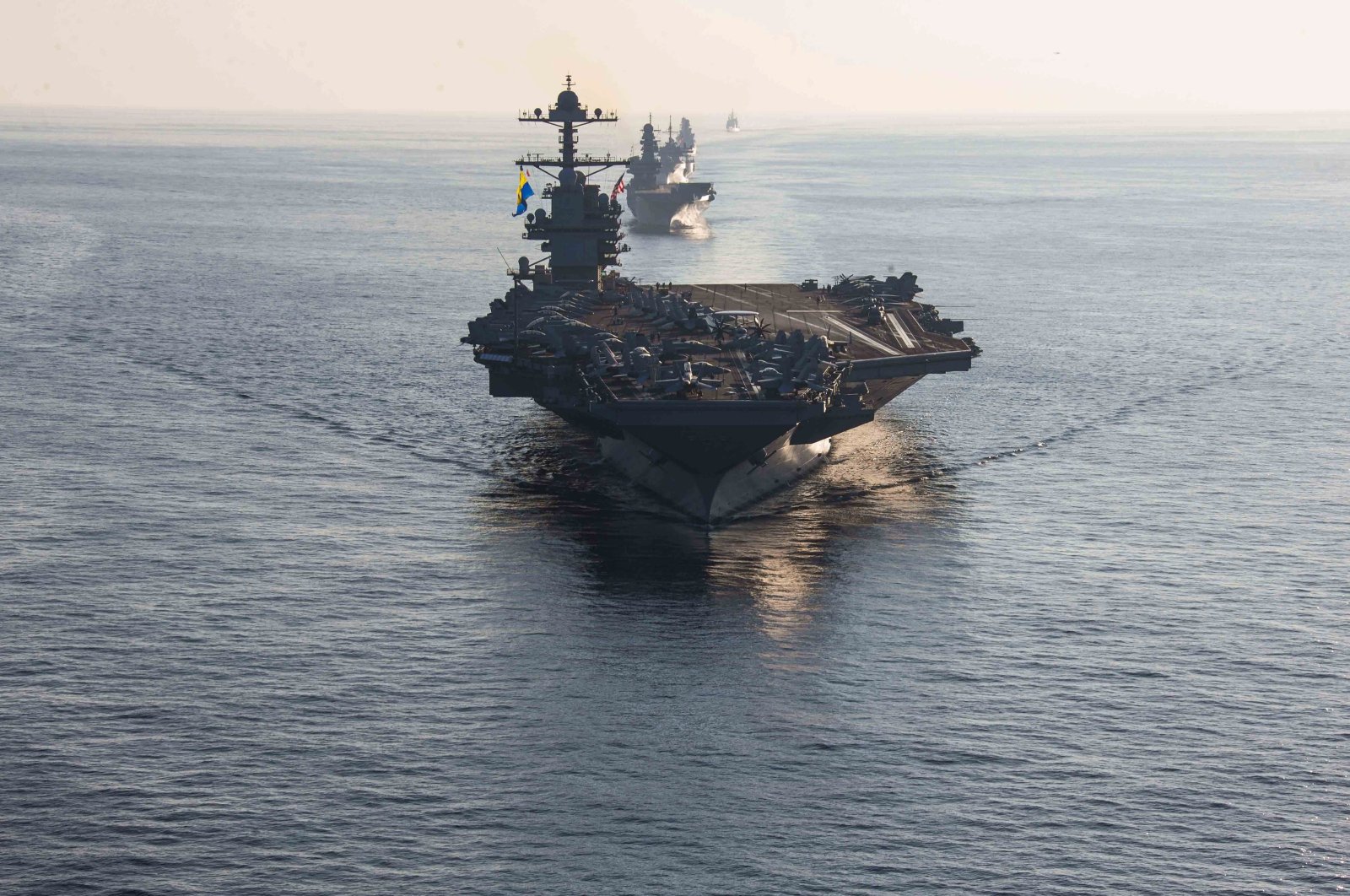 A file photo made of the U.S. Navy aircraft carrier USS Gerald R. Ford in the Ionian Sea, Oct. 4, 2023. (EPA Photo)