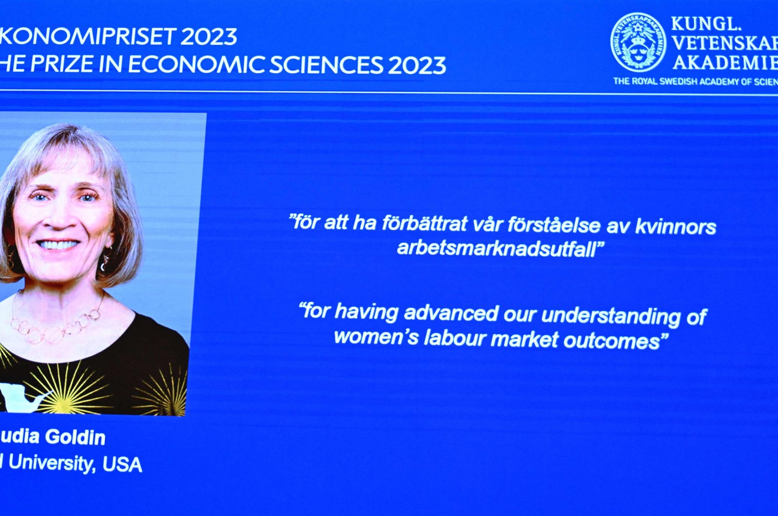 The winner of the 2023 Nobel Prize in Economic Sciences in memory of Alfred Nobel American economist Claudia Goldin is seen on a display at the Royal Swedish Academy of Sciences, Stockholm, Sweden, Oct. 9, 2023. (AFP Photo)