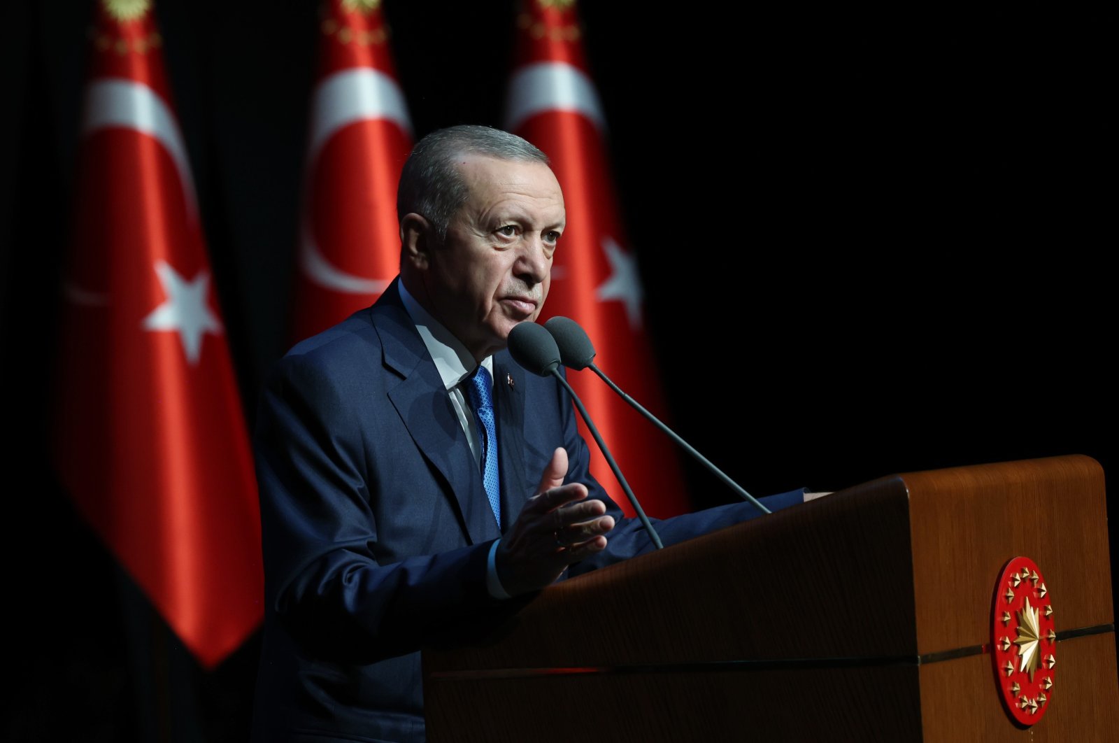 Turkish President Recep Tayyip Erdoğan speaks at a program in Ankara, Türkiye, Oct. 9, 2023. (IHA Photo)
