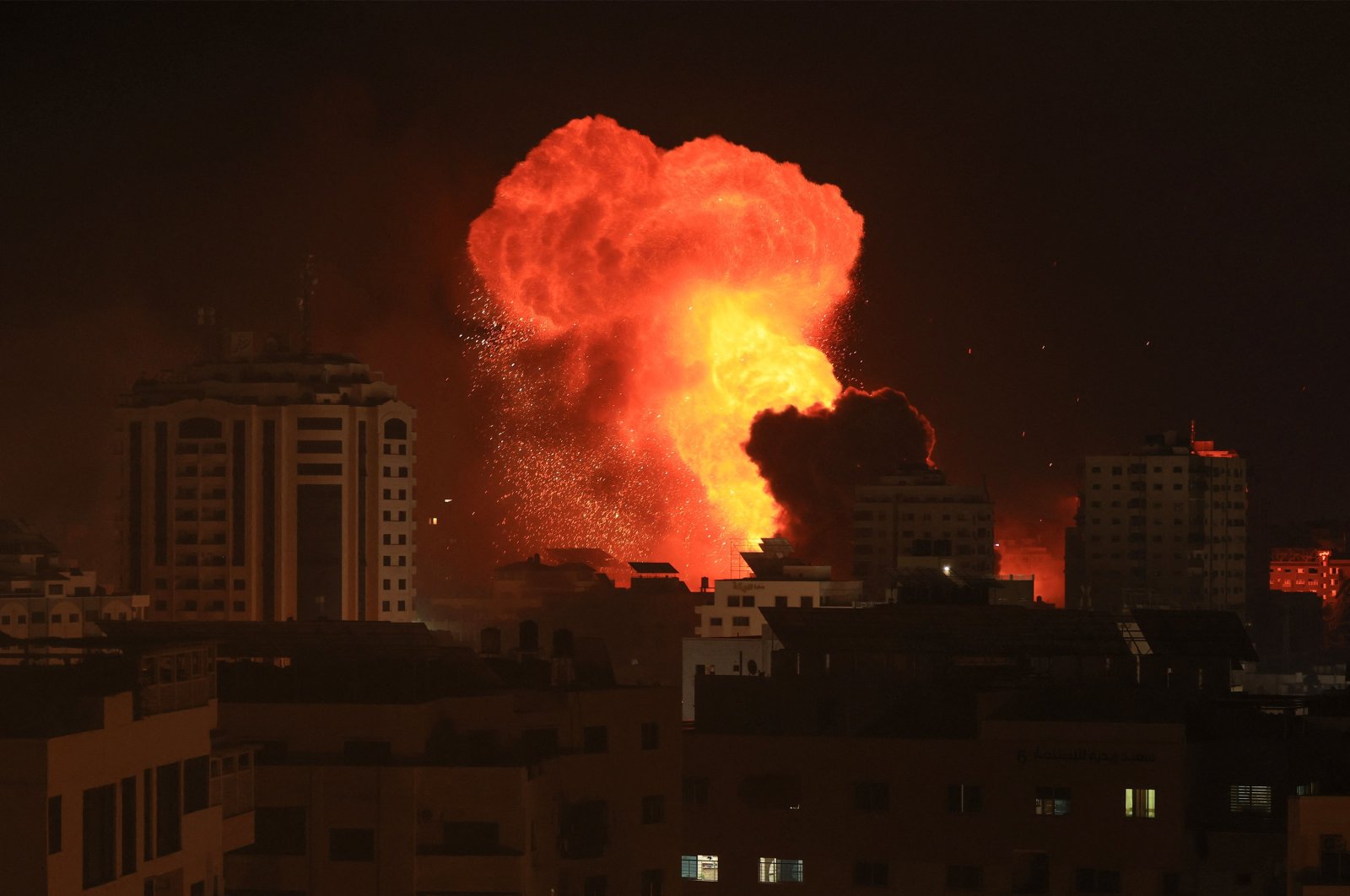 A fireball erupts during Israeli bombardment of Gaza City on Oct. 9, 2023. (AFP Photo)