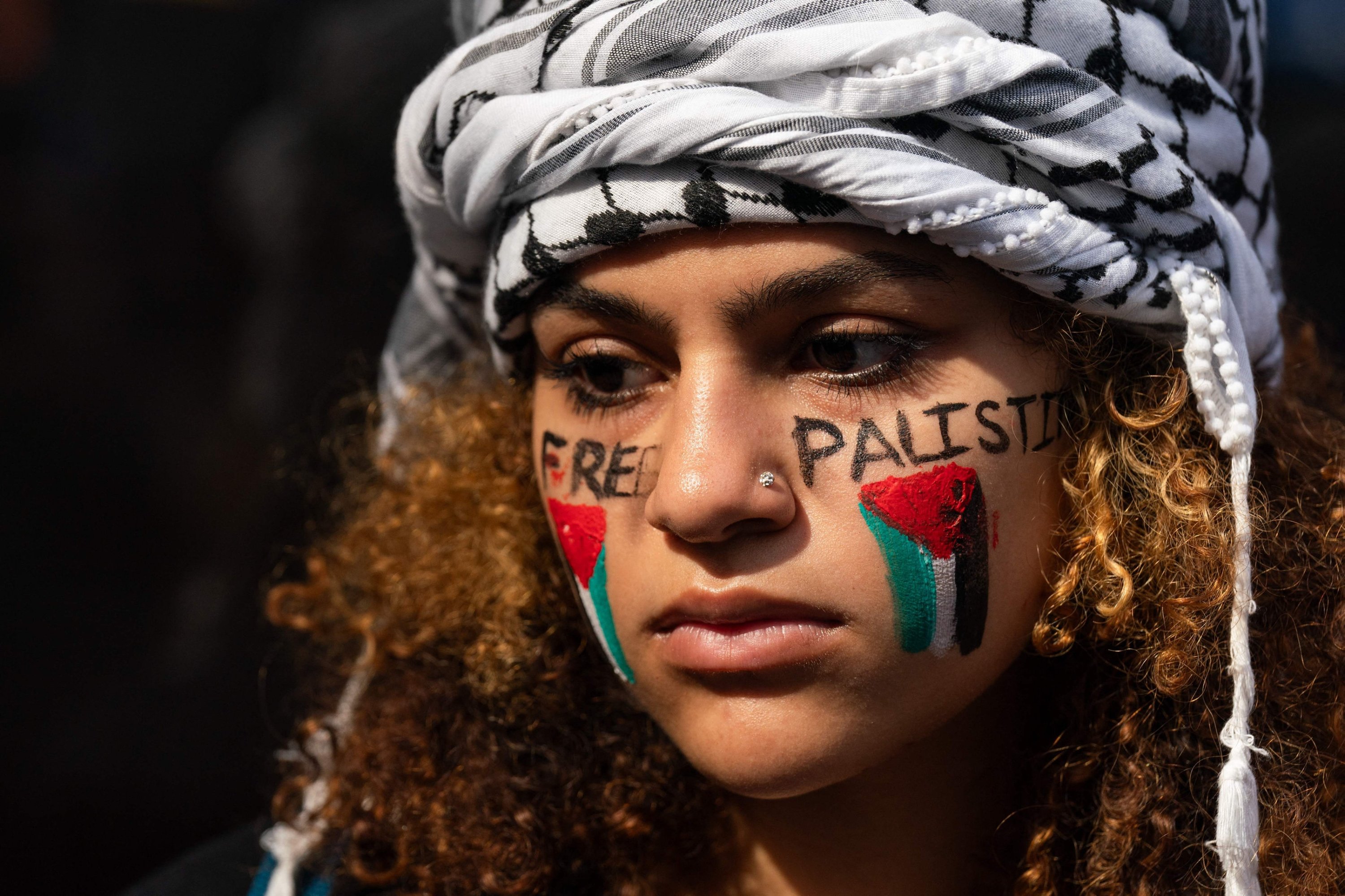 A Palestinian supporter attends a protest near the Consulate General of Israel in New York, U.S., Oct. 9, 2023. (AFP Photo)