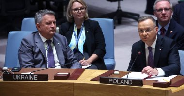 Poland's President Andrzej Duda speaks next to Ukraine's Ambassador to the United Nations Sergіy Kyslytsya during a ministerial level meeting of the U.N. Security Council on the crisis in Ukraine at U.N. headquarters in New York, U.S., Sept. 20, 2023. (Reuters Photo)