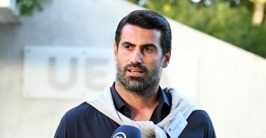 Volkan Demirel, the Football Ambassador for the Turkish Football Federation (TFF) addresses the press ahead of the UEFA&#039;s announcement of the 2028 and 2032 Euros hosts, Nyon, Switzerland, Oct. 10, 2023. (AA Photo)