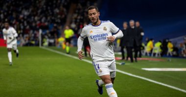 Ex-Real Madrid's Belgian Eden Hazard during a Spanish La Liga match against Rayo Vallecano at Santiago Bernabeu stadium, Madrid, Spain, Nov. 6, 2021.  (EPA Photo)