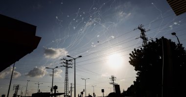 Missiles launched from the Gaza Strip toward the Israeli city of Ashkelon interrupted by the Israeli air defense system of Iron Dome over the city of Ashkelon, Oct. 10, 2023. (EPA Photo)