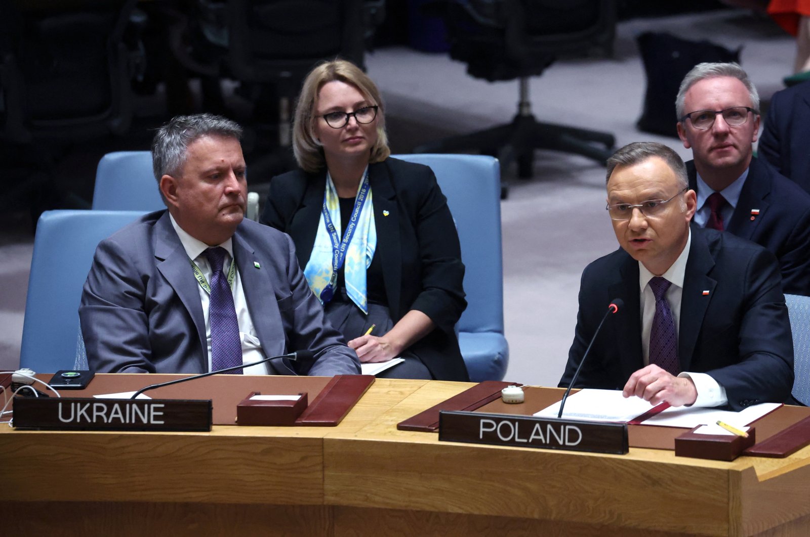 Poland's President Andrzej Duda speaks next to Ukraine's Ambassador to the United Nations Sergіy Kyslytsya during a ministerial level meeting of the U.N. Security Council on the crisis in Ukraine at U.N. headquarters in New York, U.S., Sept. 20, 2023. (Reuters Photo)