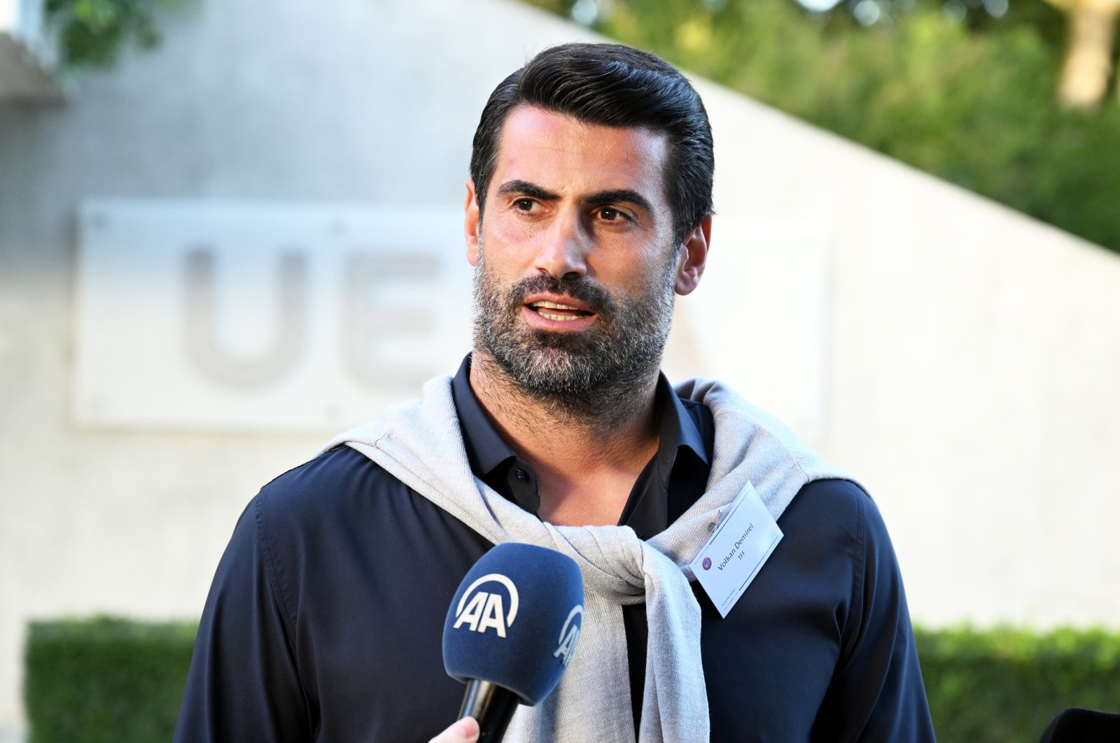 Volkan Demirel, the Football Ambassador for the Turkish Football Federation (TFF) addresses the press ahead of the UEFA&#039;s announcement of the 2028 and 2032 Euros hosts, Nyon, Switzerland, Oct. 10, 2023. (AA Photo)