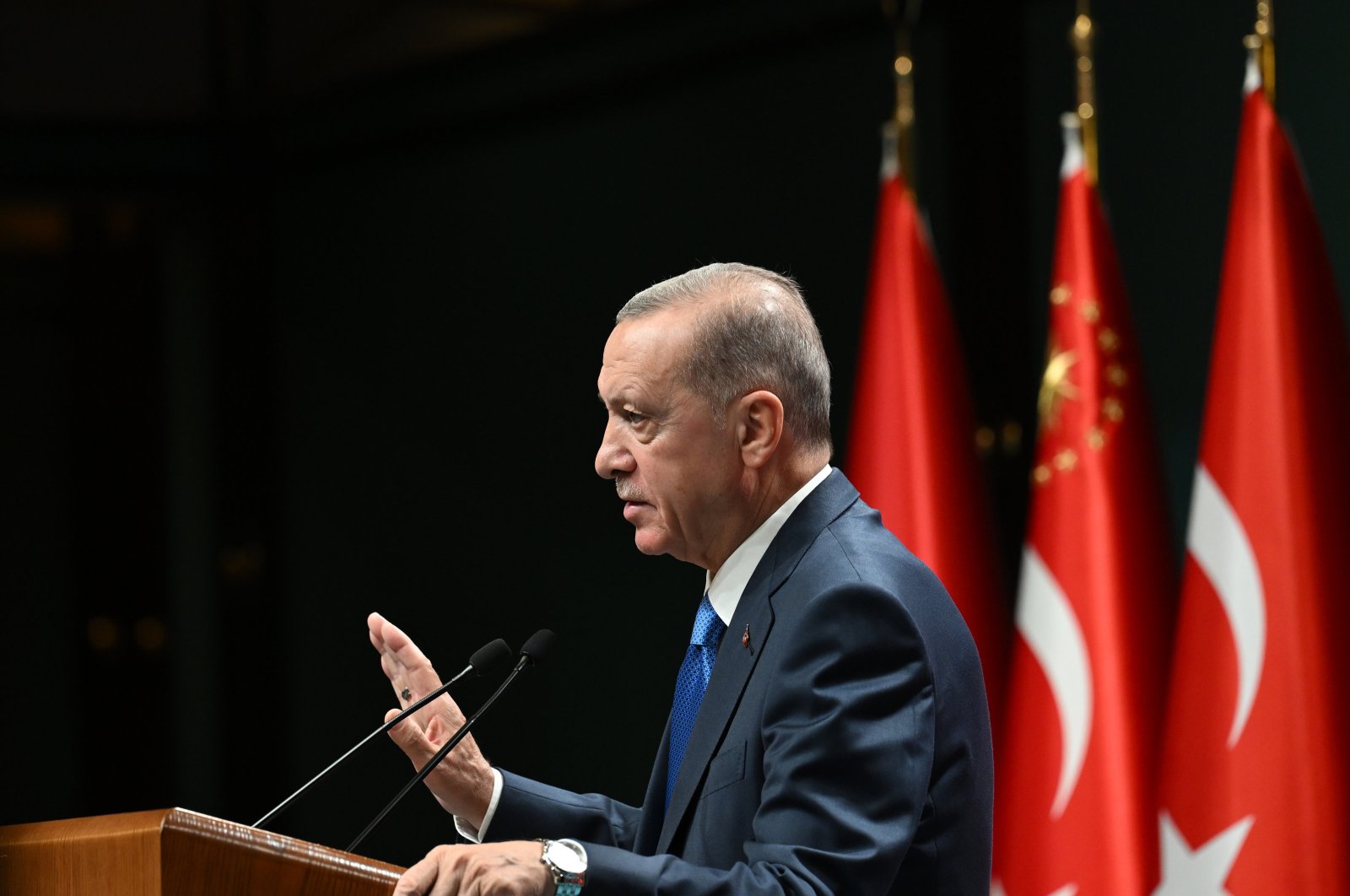President Recep Tayyip Erdoğan speaks at a news conference, in the capital Ankara, Türkiye, Oct. 9, 2023. (AA Photo)