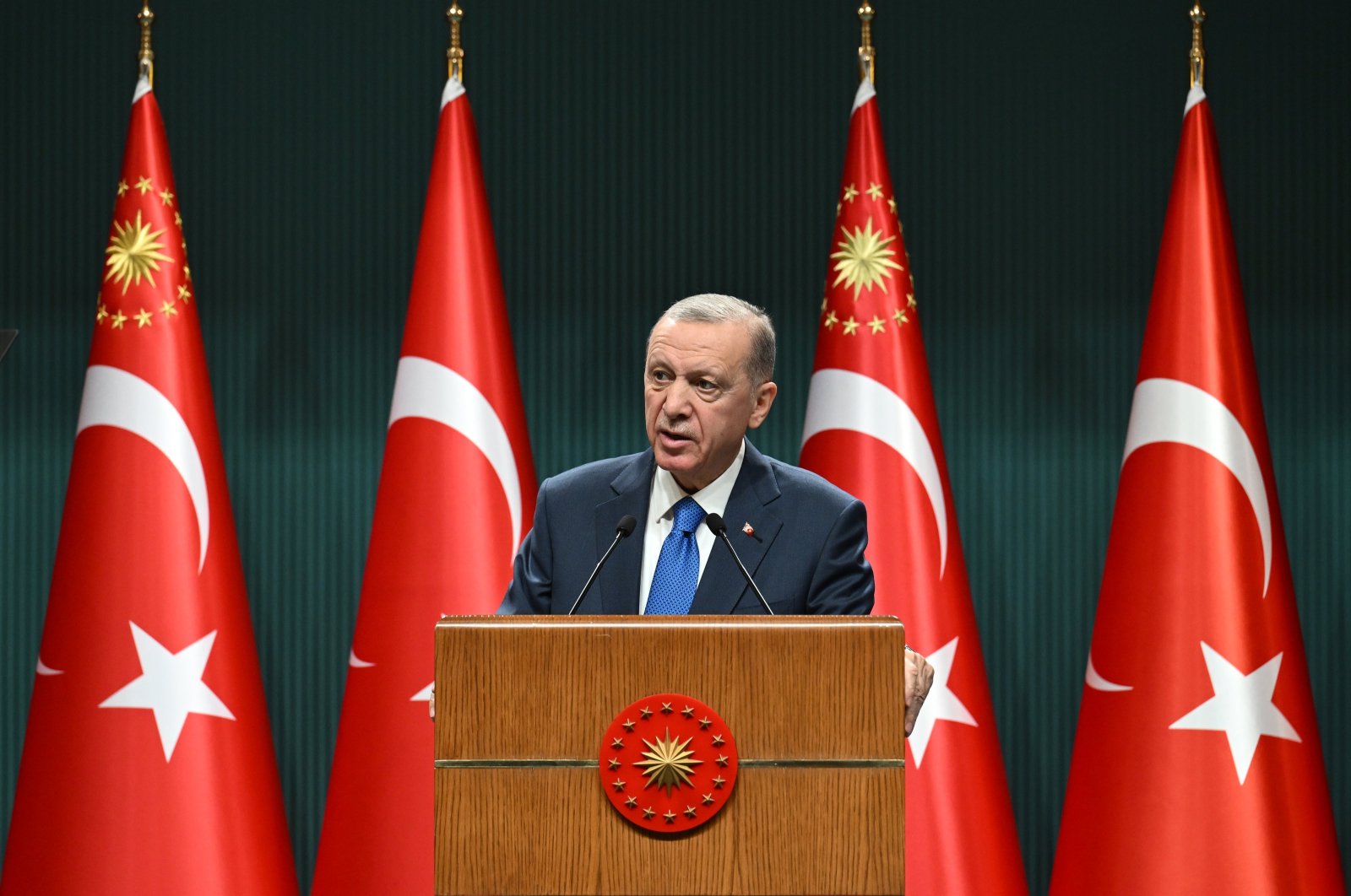 President Recep Tayyip Erdoğan speaks to the media in Ankara, Türkiye, Oct. 9, 2023. (AA Photo)