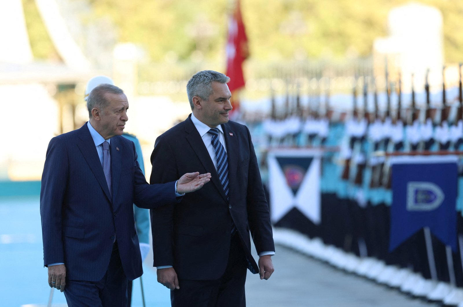 President Tayyip Erdoğan welcomes Austrian Chancellor Karl Nehammer at the Presidential Complex in Ankara, Oct. 10, 2023. (Presidential Press Office Handout via Reuters)