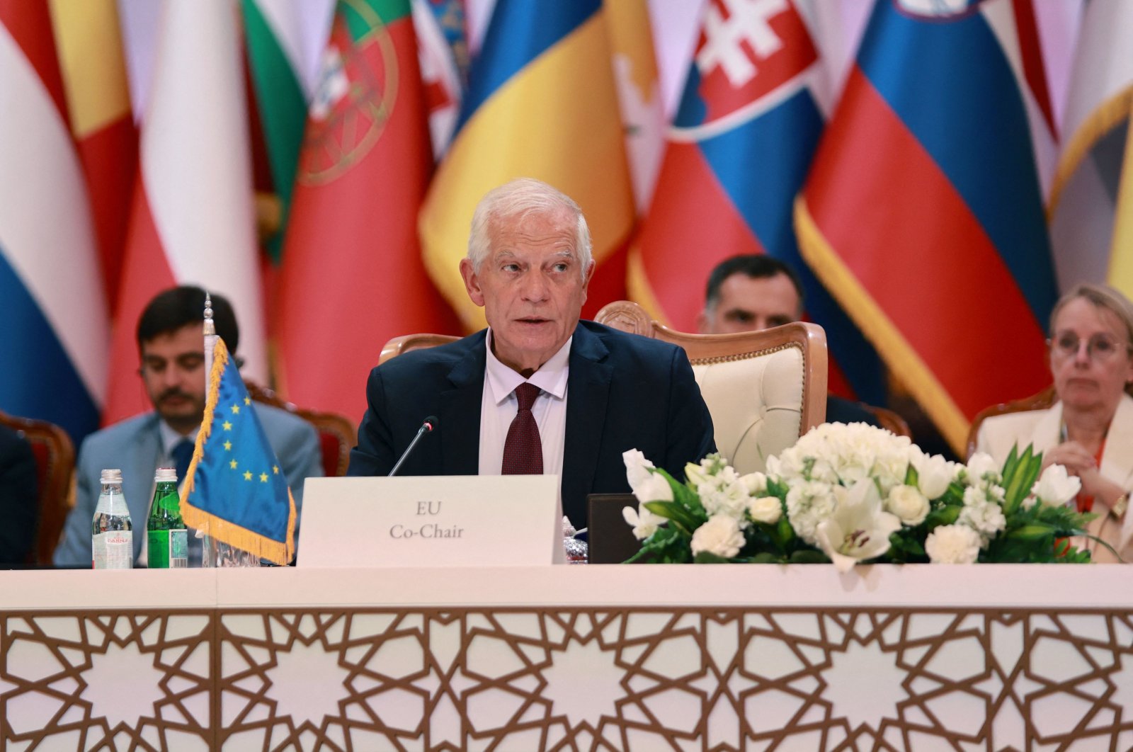 EU High Representative for Foreign Affairs and Security Policy Josep Borrell addresses the 27th Joint Gulf Cooperation Council (GCC)-European Union (EU) Ministerial Council in Muscat, Oct. 10, 2023. (AFP Photo)