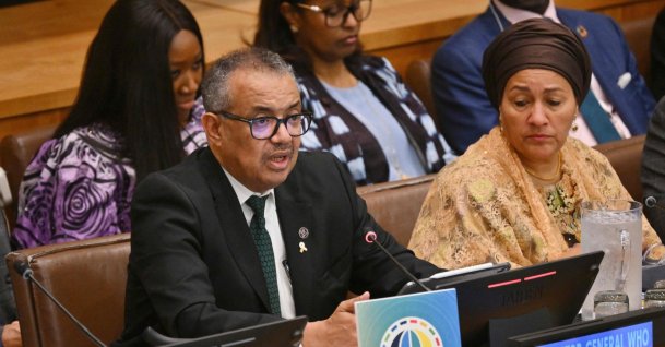 Director General of the World Health Organization, Tedros Adhanom Ghebreyesus, with UN Deputy Secretary-General Amina Mohammed (R), speaks at a meeting on universal health coverage on the sidelines of the UN General Assembly, New York City, U.S., Sept. 21, 2023. (AFP Photo)