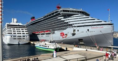 Two cruise ships flying Bahamas and Marshall Islands flags bringing in some 2,741 tourists are photographed docked in Bodrum Cruise Port, southwestern Türkiye, Oct. 11, 2023. (AA Photo)