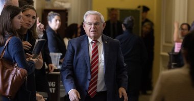 Democratic Senator of New Jersey Bob Menendez (C) leaves a closed-door meeting with Senate Democrats on Capitol Hill in Washington, D.C., U.S., Oct. 4, 2023. (EPA Photo)