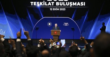 President Recep Tayyip Erdoğan speaks at the Türkiye Youth Foundation (TÜGVA) meeting in Ankara, Türkiye, Oct. 12, 2023. (AA Photo)