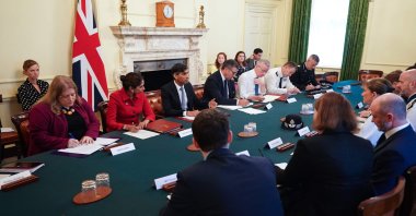 Britain's Prime Minister Rishi Sunak (Center) attends a policing roundtable summit at 10 Downing Street in central London, Oct. 12, 2023. (AFP Photo)