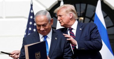 Israel's Prime Minister Benjamin Netanyahu stands with U.S. President Donald Trump after signing the Abraham Accords, normalizing relations between Israel and some of its Middle East neighbors, on the South Lawn of the White House in Washington, U.S., Sept. 15, 2020. (Reuters Photo)