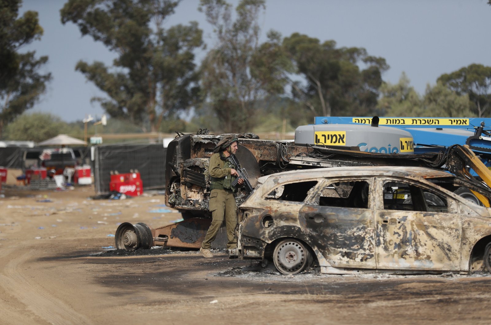 Burnt cars left behind at a music festival near Raim, Israel, Oct. 10, 2023. (EPA Photo)