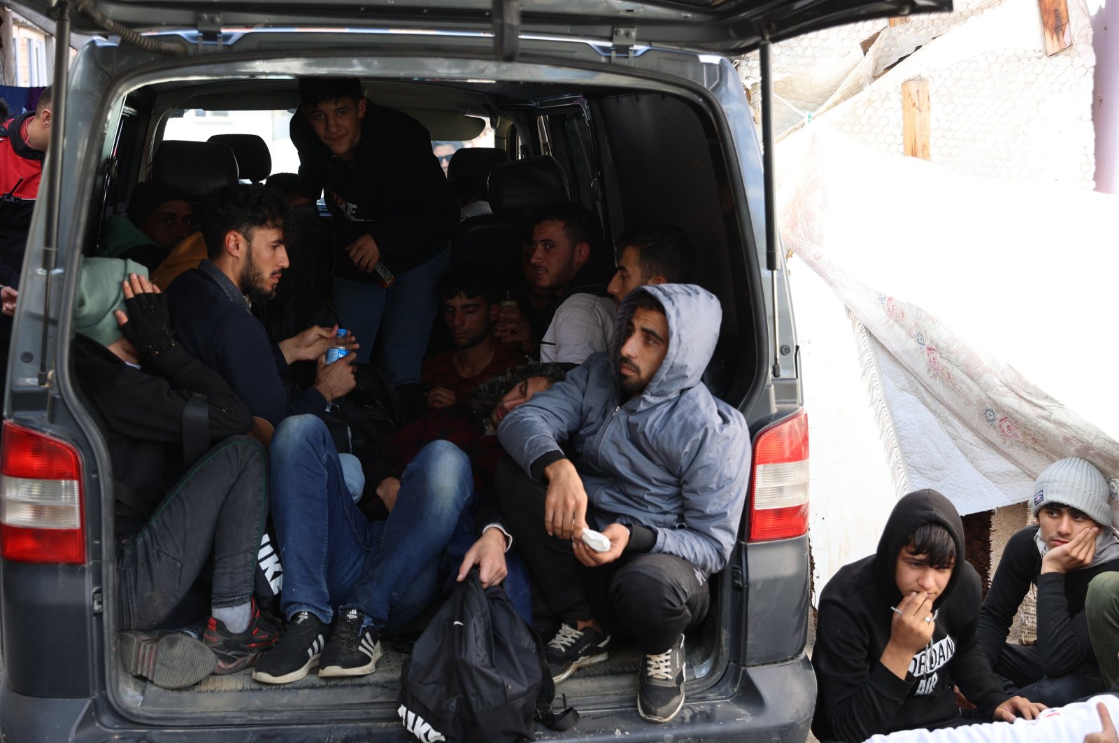 A group of Syrian irregular migrants intercepted by police while traveling in a van, in Edirne, northwestern Türkiye, October 11, 2023. (AA Photo)