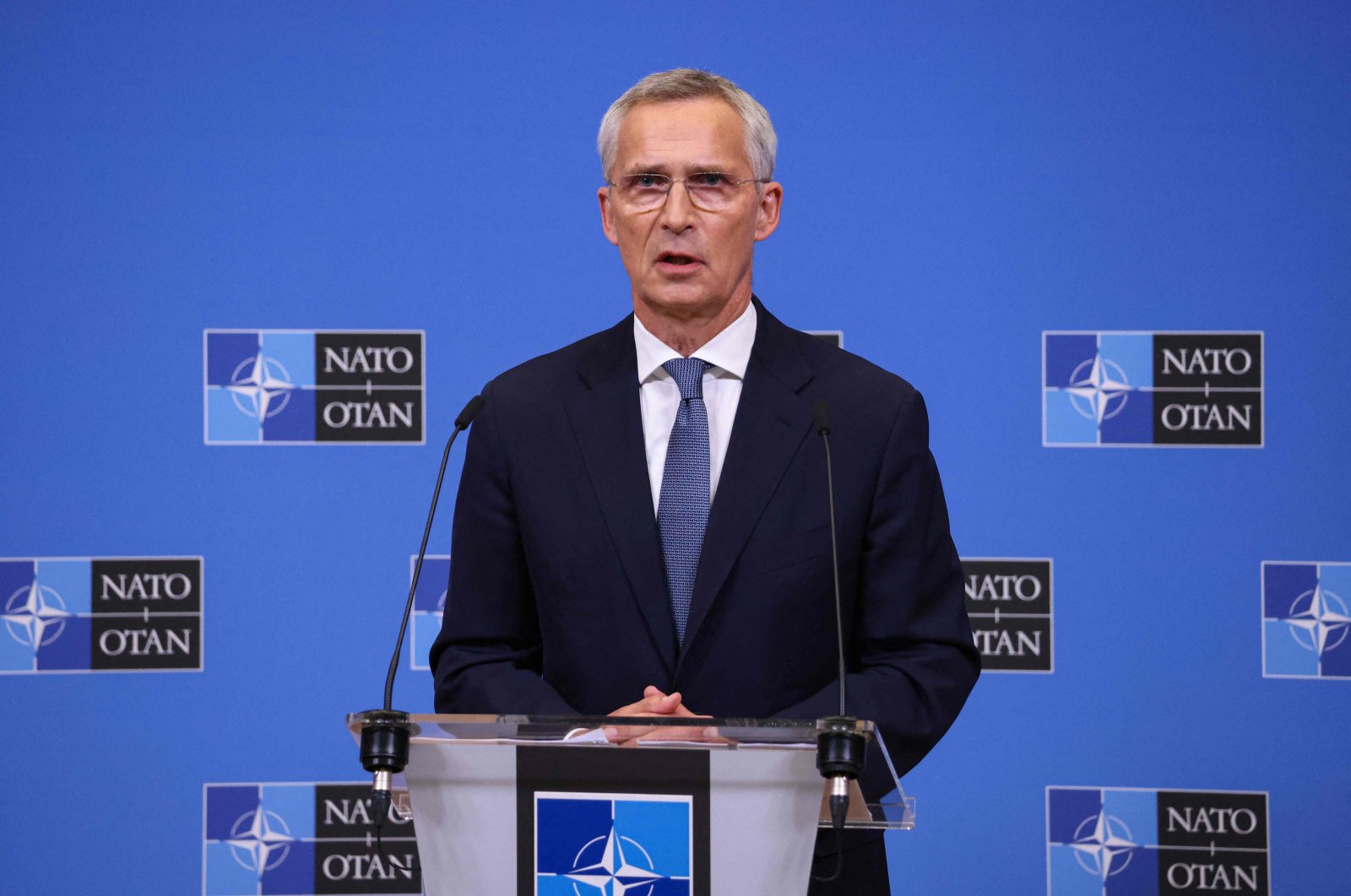Secretary-General of NATO Jens Stoltenberg gives news conference at the NATO headquarters in Brussels, on Oct.12, 2023. (AFP Photo)