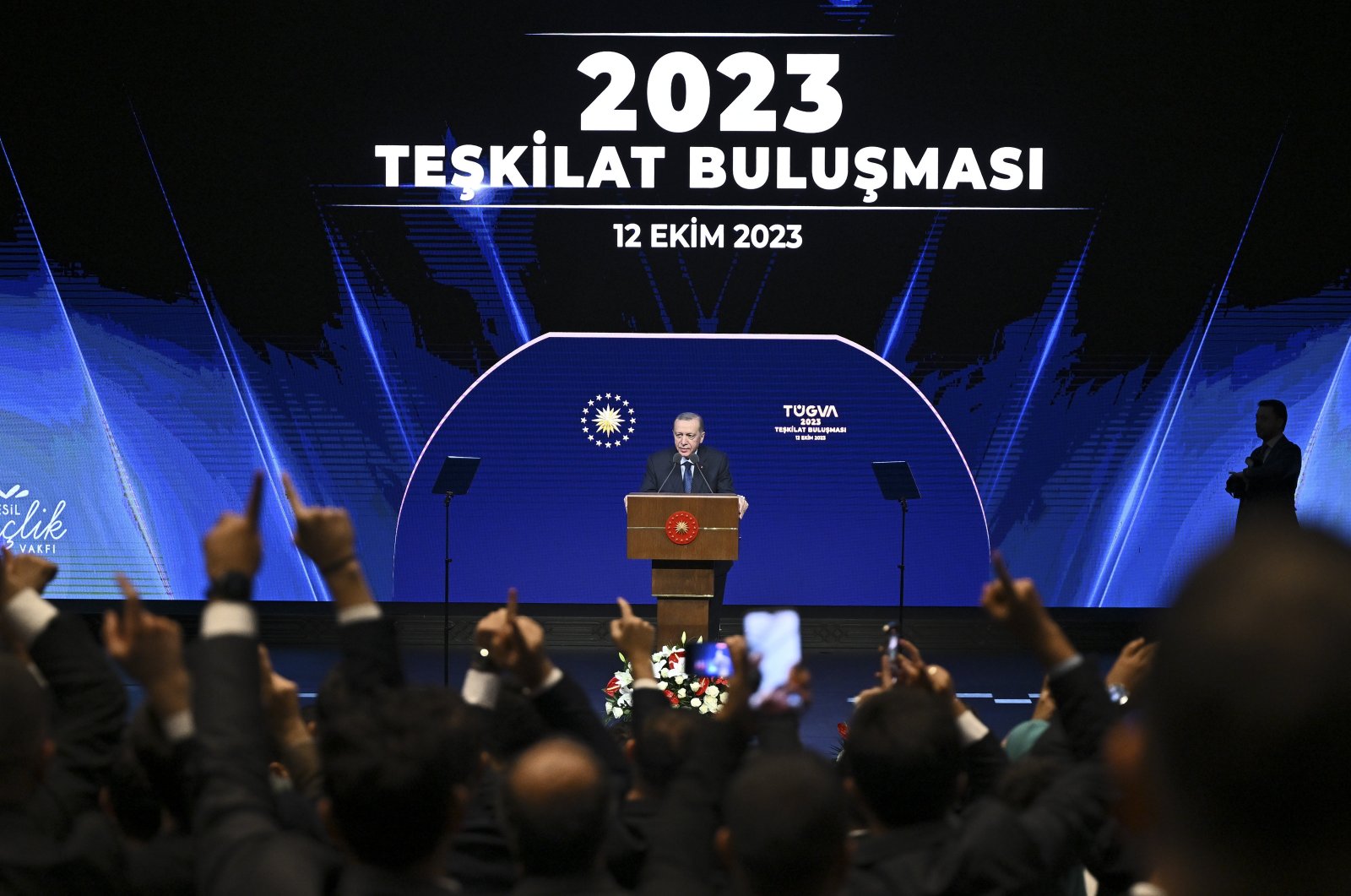 President Recep Tayyip Erdoğan speaks at the Türkiye Youth Foundation (TÜGVA) meeting in Ankara, Türkiye, Oct. 12, 2023. (AA Photo)