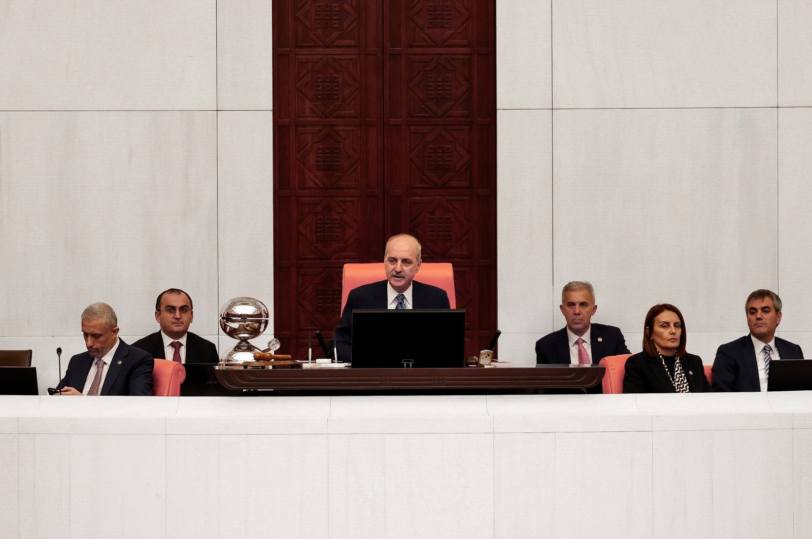Parliament Speaker Numan Kurtulmuş speaks at the Turkish Parliament, Oct. 12, 2023. (AA Photo)
