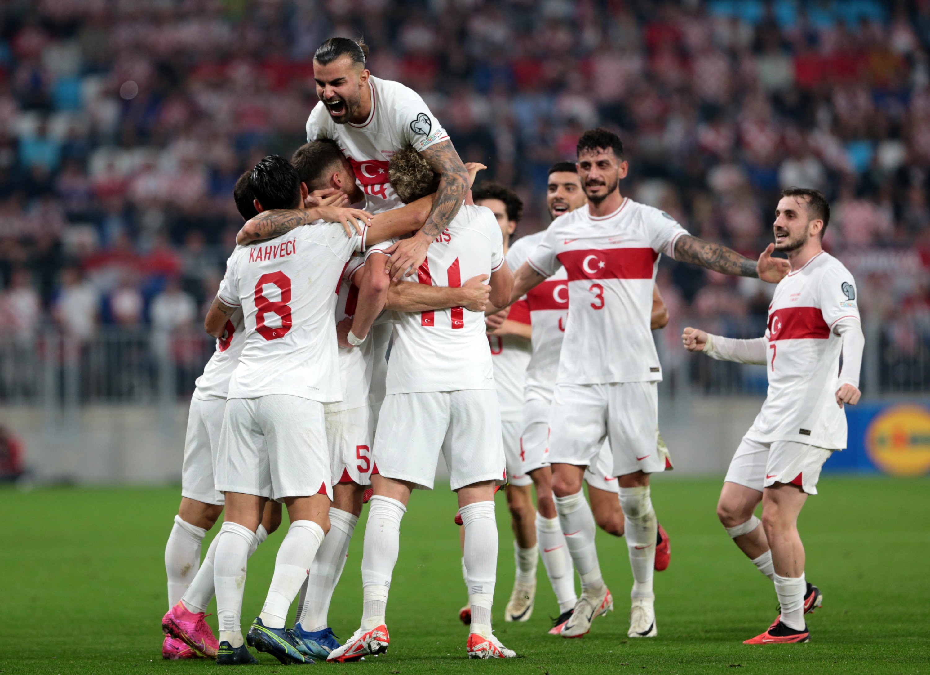 Turkish players celebrate after Barış Alper Yılmaz's goal during the Euro 2024 qualifiers match against Croatia, Osijek, Croatia, Oct. 12, 2023. (DHA Photo)