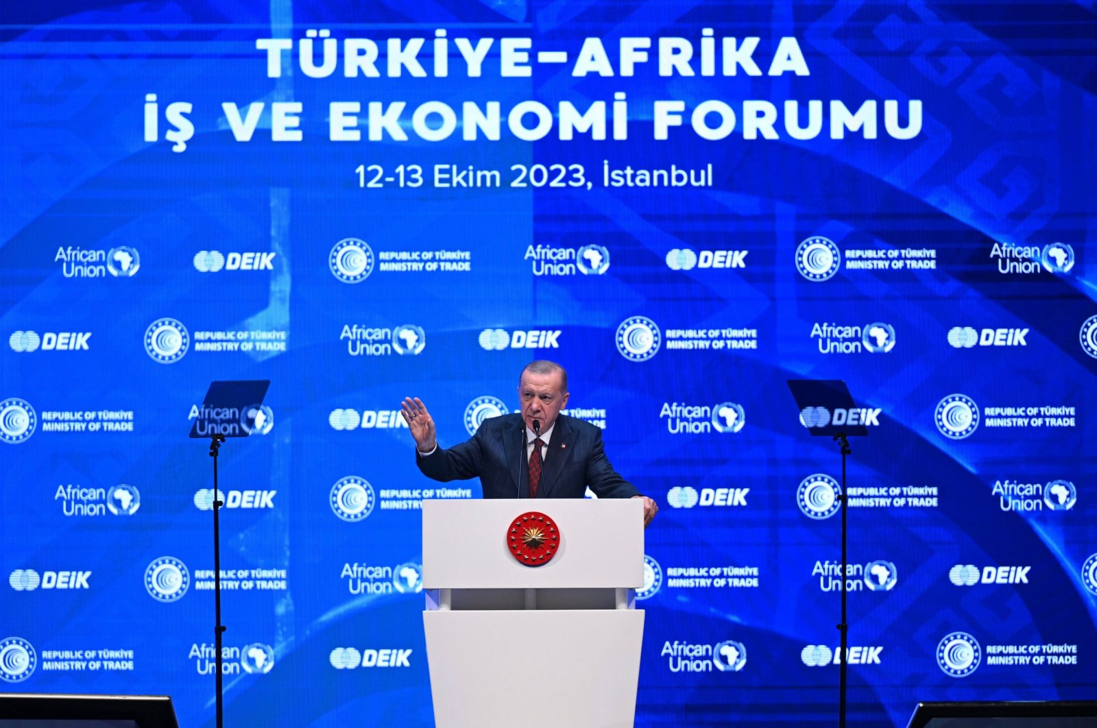 President Recep Tayyip Erdoğan delivers a speech during the 4th Türkiye-Africa Business and Economic Forum, in Istanbul, Türkiye, Oct. 13, 2023. (AA Photo)