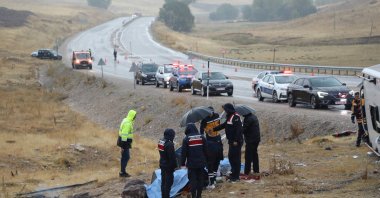 A passenger bus on Istanbul-Van route overturned in Gürün distric, Sivas, Türkiye, Oct. 15, 2023. (AA Photo)