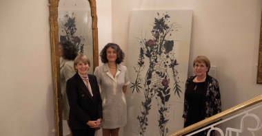 (L-R) Jill Morris, the British Ambassador to Türkiye, artist Burçak Bingöl and and Gill Caldicott, the Country Director of the British Council during the gala event at the embassy, Ankara, Türkiye, Oct. 6, 2023. (Photo courtesy of British Council)