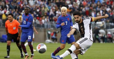 Germany midfielder Ilkay Gündoğan (R) fires a shot during a match between the United States and Germany at Pratt &amp; Whitney Stadium, East Hartford, Connecticut, U.S., Oct. 14, 2023. (Getty Images Photo)