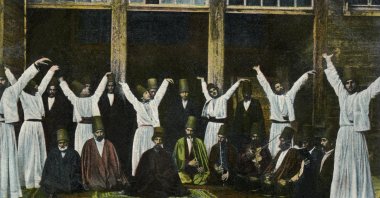 Whirling dervishes, Istanbul (then Constantinople), Türkiye from a 19th century postcard. (Getty Images Photo)