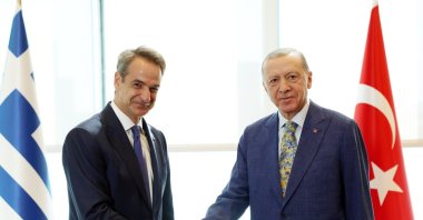 President Recep Tayyip Erdoğan shakes hands with Greek Prime Minister Kyriakos Mitsotakis during a meeting in New York, U.S., Sept. 20, 2023. (DHA Photo)