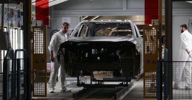 Workers are seen at production facility of Türkiye's first electric automaker Togg in Bursa, northwestern Türkiye, Sept. 20, 2023. (IHA Photo)